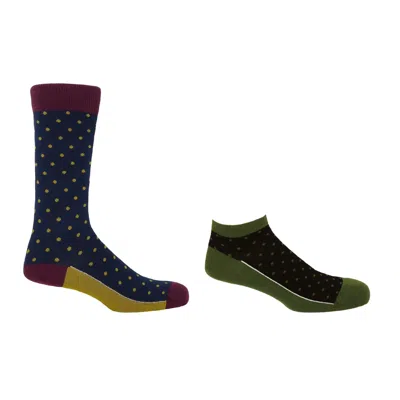 Peper Harow - Made In England Men's Green Pin Polka Luxury Denim Crew & Khaki Trainer Men's Socks Bundle