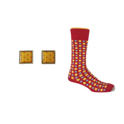 Peper Harow - Made In England Men's Groom's Set - Diamonds Red Socks & Honey Cufflink
