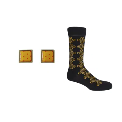 Peper Harow - Made In England Men's Groom's Set - Knot Black Socks & Honey Cufflink