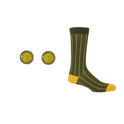 Peper Harow - Made In England Men's Groom's Set - Pin Stripe Green Socks & Olive Cufflink