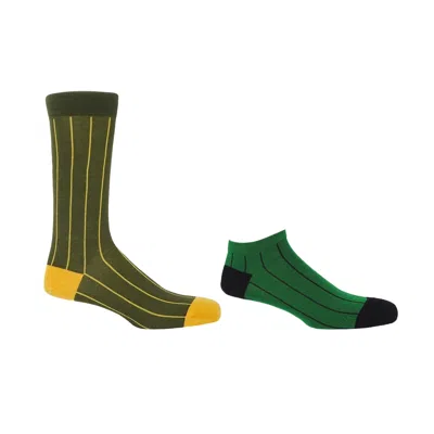 Peper Harow - Made In England Men's Pin Stripe Green Luxury Crew & Trainer Men's Socks Bundle