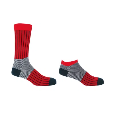 Peper Harow - Made In England Men's Red Oxford Stripe Scarlet Luxury Crew & Trainer Men's Socks Bundle