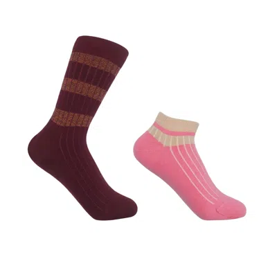 Peper Harow - Made In England Old School Maroon Luxury Crew & Pink Trainer Women's Socks Bundle
