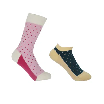Peper Harow - Made In England Pin Polka Beige & Pink Luxury Crew & Trainer Women's Socks Bundle