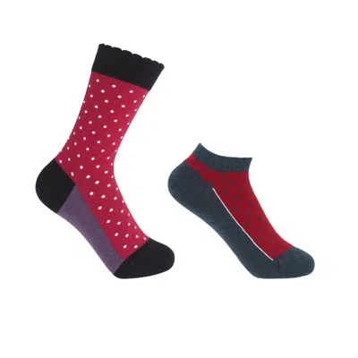 Peper Harow - Made In England Red Pin Polka Burgundy Luxury Crew & Denim Trainer Women's Socks Bundle
