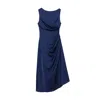 Peploum Women's Blue Amor Draped Sateen Dress In Dusty Midnight In Blue