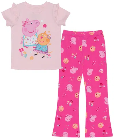 Peppa Pig Kids' Toddler & Little Girls Short Sleeve Ruffle Top & Flared Legging, 2pc Set In Pink