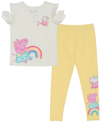 Peppa Pig Kids' Toddler & Little Girls Short Sleeve Ruffle Top & Rib Legging, 2pc Set In White