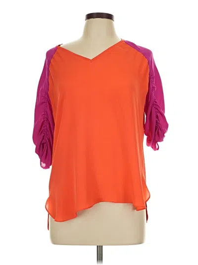 Pre-owned Per Se By Carlisle 3/4 Sleeve Silk Top Orange Color Block Pattern V-neck Tops