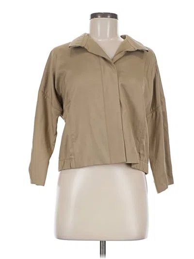 Pre-owned Per Se By Carlisle 3/4 Sleeve Silk Top Tan Square Neckline Tops In Brown