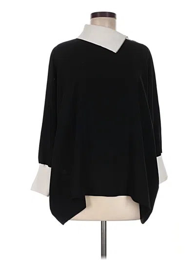 Pre-owned Per Se By Carlisle 3/4 Sleeve Top Black Solid Pattern Collared Neckline Tops