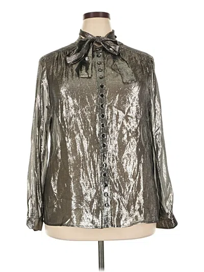 Pre-owned Per Se By Carlisle Long Sleeve Silk Top Silver Metallic Pattern Tie Neck Tops