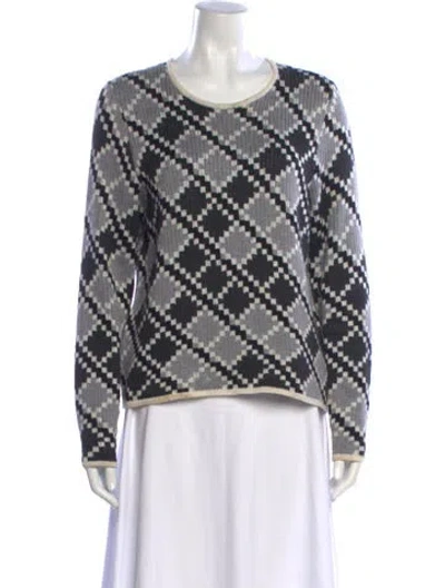 Pre-owned Per Se Houndstooth Print Crew Neck Sweater In White