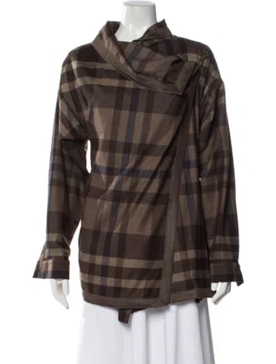 Pre-owned Per Se Plaid Print Jacket In Brown
