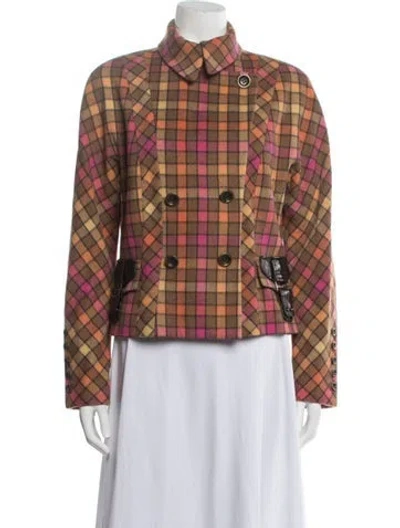 Pre-owned Per Se Wool Plaid Print Jacket In Brown