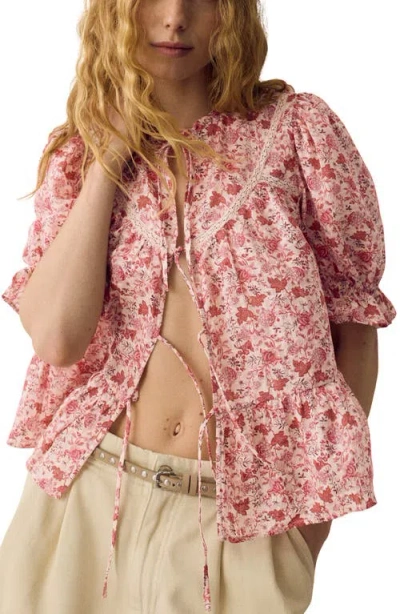 Per Una By M&s Floral Lace Inset Tie Front Top In Multi