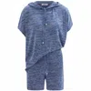 Peraluna Blue Kaira Knitted Hooded Blouse & Shorts Matching Set In Indigo In Blue