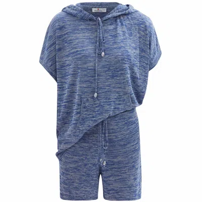 Peraluna Blue Kaira Knitted Hooded Blouse & Shorts Matching Set In Indigo