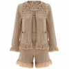 Peraluna Brown Miyoki Knitted Crop Cardigan & Shorts Matching Set In Beige In Brown