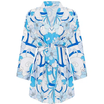 Peraluna Women's Azul Floral-wave Pattern Satin Mini Kimono In Blue