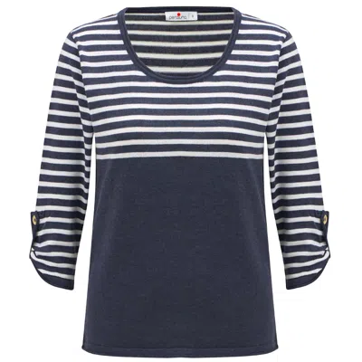 Peraluna Women's Blue Sailor Striped Knitwear 3/4 Sleeve Pullover - Indigo Melange/white