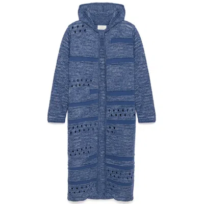Peraluna Women's Blue Skyler Openwork Knit Long Cardigan With Hood In Indigo