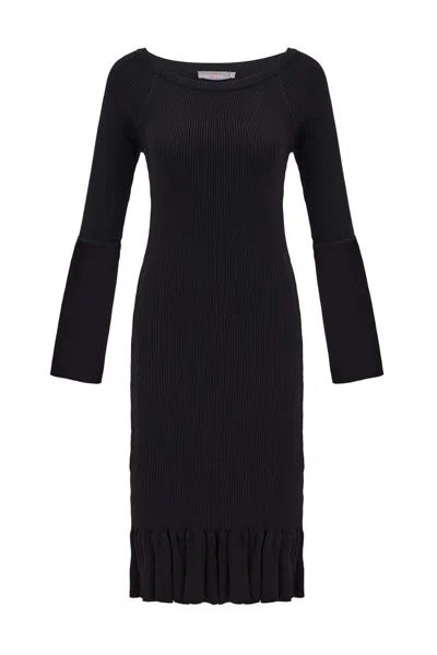 Peraluna Women's Boat-neck Ribbed Ruffled Knitwear Dress - Black