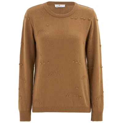 Peraluna Women's Brown Embossed Pattern O-neck Cashmere Blend Openwork Knit Pullover - Camel