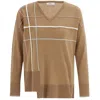Peraluna Women's Brown Loose Fit V Neck 3d Striped Knit Pullover - Camel Melange In Brown