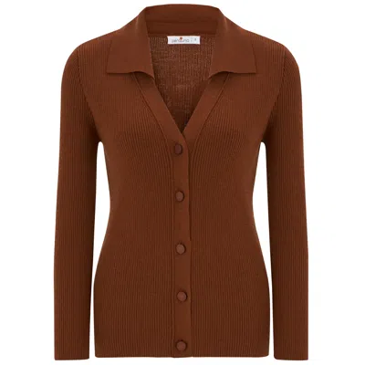 Peraluna Women's Brown Polo V-neck Ribbed Knit Cardigan - Burnt Umber