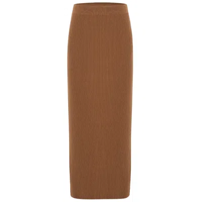 Peraluna Women's Brown Rib Knitted Cashmere Blend Knitwear Pencil Skirt - Camel