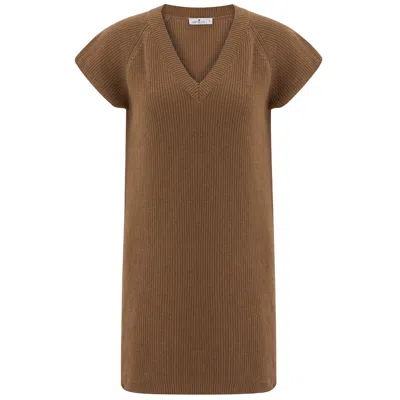 Peraluna Women's Brown V-neck Knitwear Sleeveless Drop-shoulder Long Tunic - Camel