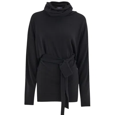 Peraluna Women's Cashmere Blend Mock Neck Belted Knitwear Long Pullover - Black