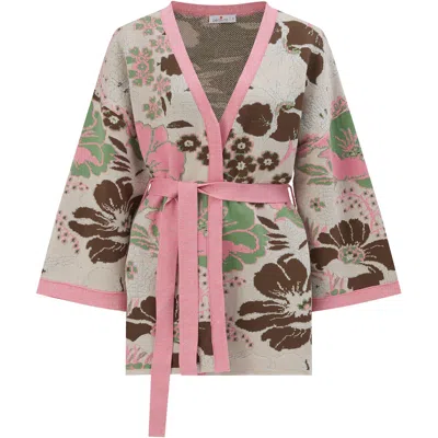 Peraluna Women's Floral Pattern Shimmer Detailed Short Knit Kimono - Pink/multicolour