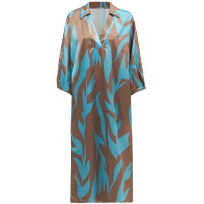 Peraluna Women's Kalinda Loose Fit Seasonal Satin Below-knee Dress - Turquoise/brown In Blue/brown