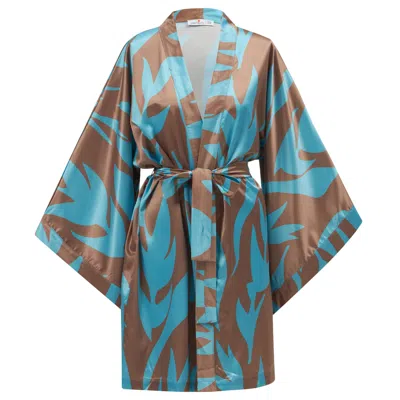 Peraluna Women's Kalinda Satin Short Kimono - Turquoise/brown In Blue/brown