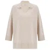 Peraluna Women's Neutrals Polo V Neck Wide Sleeve Loose Fit Knit Pullover - Ecru Melange In Beige