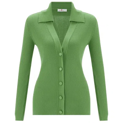 Peraluna Women's Polo V-neck Ribbed Knit Cardigan - Bay Leaf Green