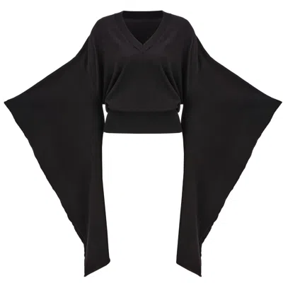 Peraluna Women's Viscose Blend Deep V-neck Exotic Kimono Sleeve Knitwear Pullover - Black