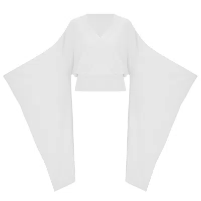 Peraluna Women's White Viscose Blend Deep V-neck Exotic Kimono Sleeve Knitwear Pullover - Ecru