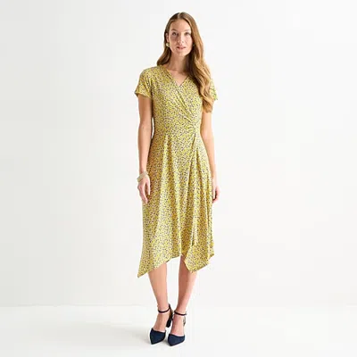 Perceptions Womens High-low V Neck Short Sleeve Floral Fit + Flare Dress In Yellow