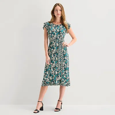 Perceptions Womens Midi Round Neck Short Sleeve Flutter Floral Fit + Flare Dress In Black