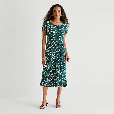 Perceptions Womens Midi Round Neck Short Sleeve Ruffled Floral Fit + Flare Dress In Brown