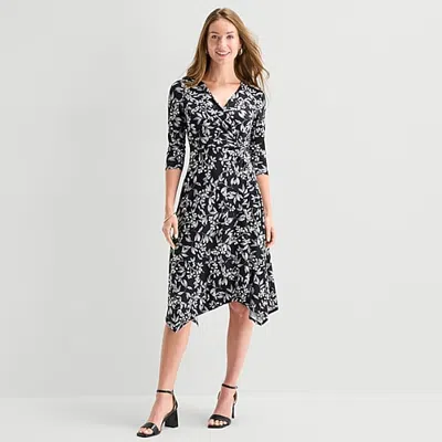 Perceptions Womens Midi V Neck 3/4 Sleeve Leaf Fit + Flare Dress In Black