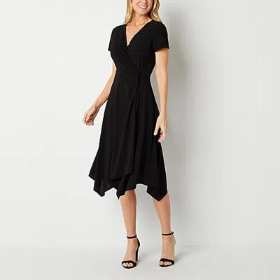 Perceptions Womens Midi V Neck Short Sleeve Fit + Flare Dress In Black