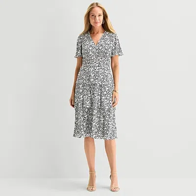 Perceptions Womens Midi V Neck Short Sleeve Flutter Floral Fit + Flare Dress In Blue