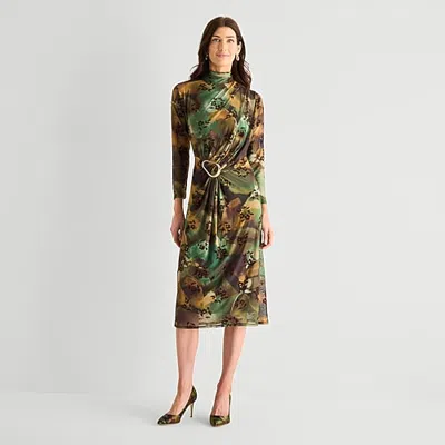 Perceptions Womens Mock Neck Long Sleeve Floral Fit + Flare Dress In Green