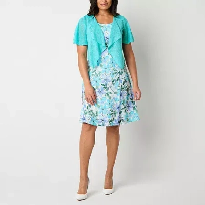 Perceptions Womens Petite Floral Jacket Dress In Blue