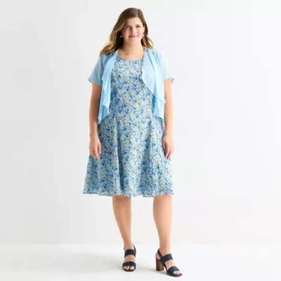 Perceptions Womens Plus Embroidered Floral Jacket Dress In Blue