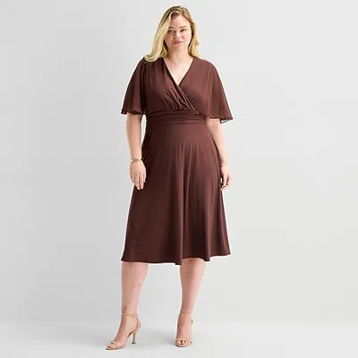 Perceptions Womens Plus Midi V Neck Short Sleeve Cape Fit + Flare Dress In Brown